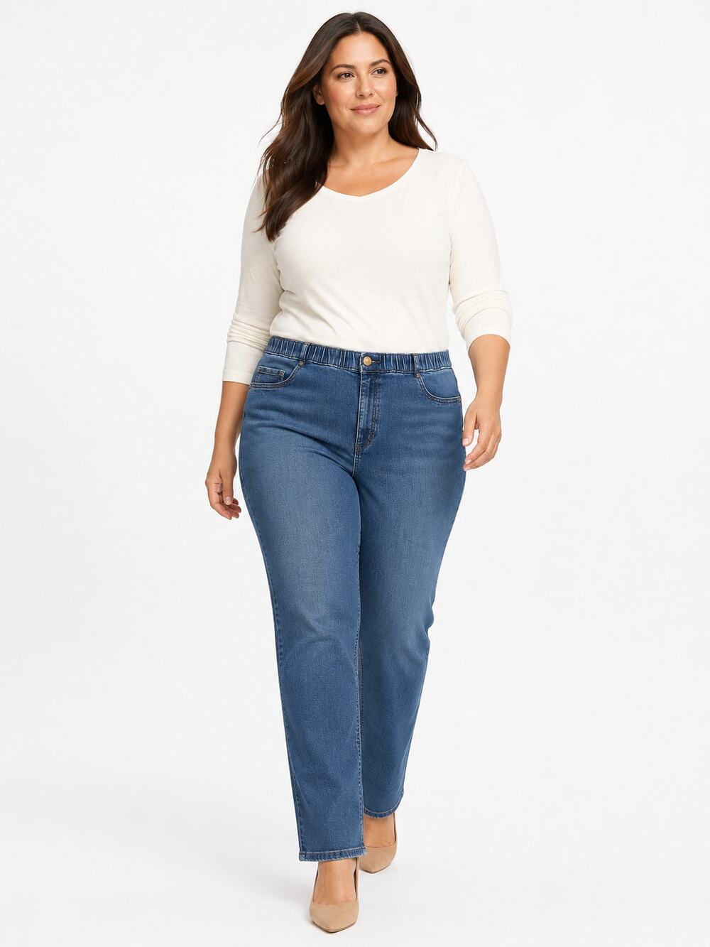 G150 Catherines True StretchG150 Petite 22 24W Blue Pull On Straight Leg Jeans